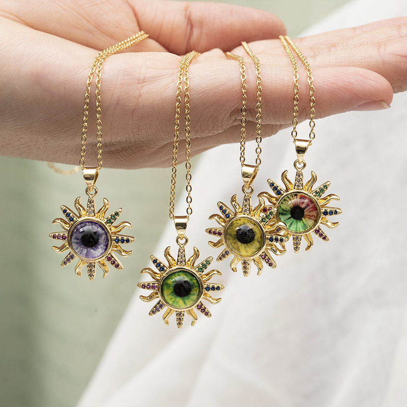 Retro Devilu0027S Eye Flower Copper Enamel Opal Zircon Pendant Necklace