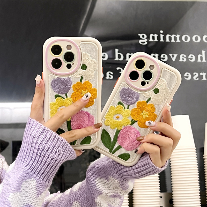 毛巾繡綻放花朵適用iPhone14小清新12ProMax手機殼蘋果13個性11女