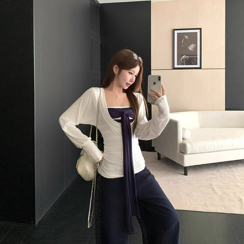 大码白色薄款长袖T恤女2025新款秋季胖MM显瘦罩衫条纹抹胸两件套|undefined