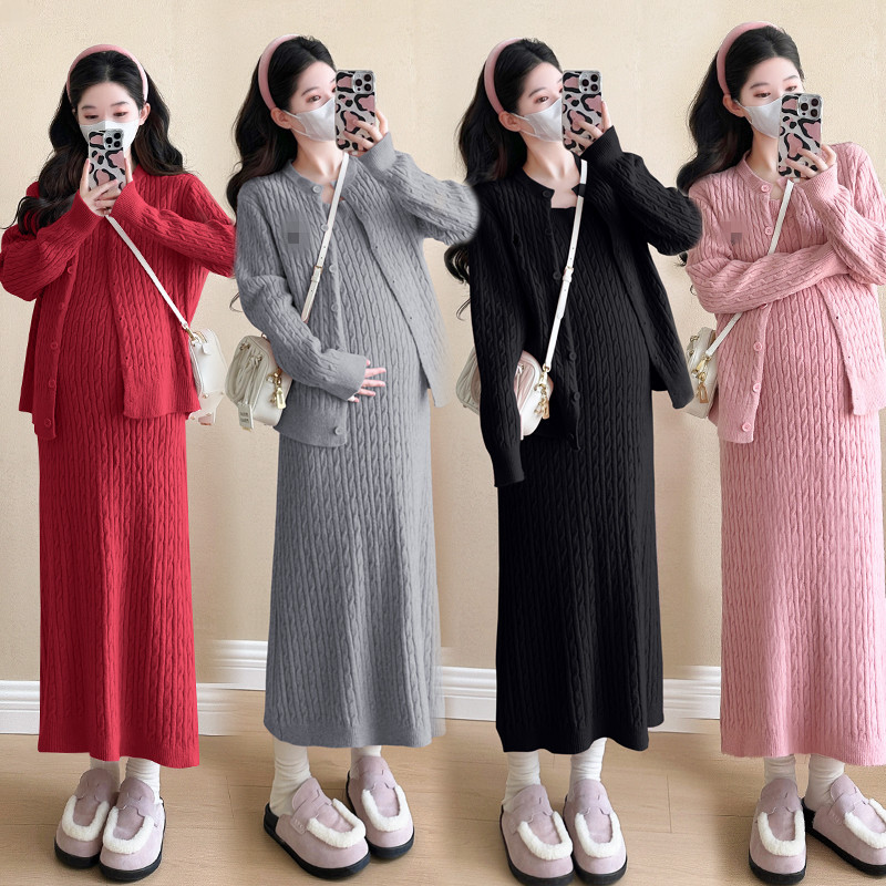 임산부의 가을 달콤한 나이를 줄이는 스웨터 원피스 세트 두꺼운 대마 패턴 니트 재킷 조끼 긴 스커트 투피스 세트