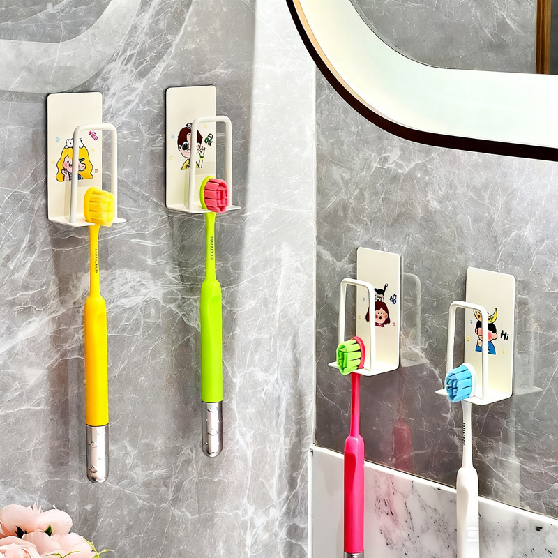 Toothbrush Wall-Mounted Drainage Storage Rack, No-Drill Wall-Mounted Toothbrushing Bathroom Mouthwash Cup Holder, Cartoon Dopamine