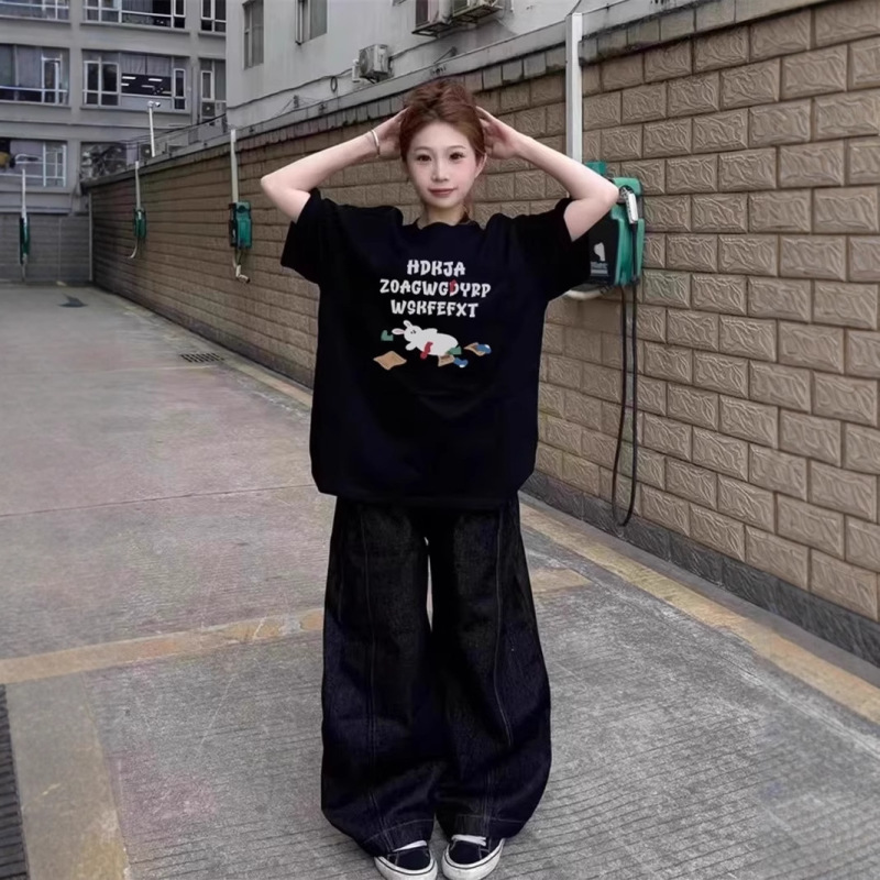 美式潮牌黑色短袖t恤女2025新款夏季宽松休闲oversize设计感上衣|undefined