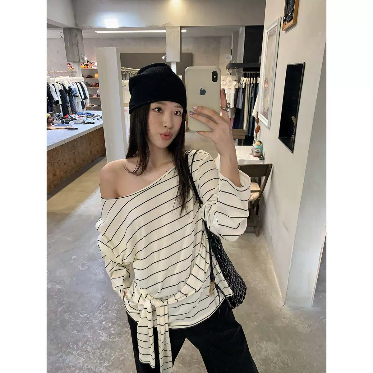 趋梦DT ETOLIE韩系慵懒风条纹斜肩上衣女宽松绑带防晒罩衫长袖t恤