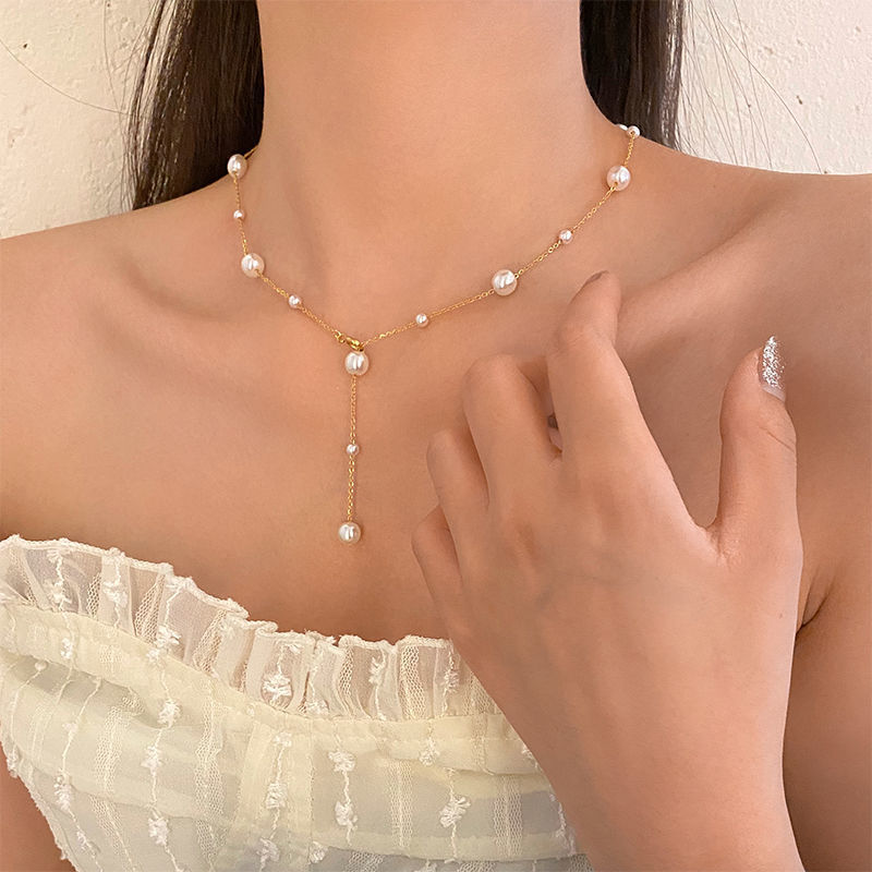 10g Weight Artificial Pearls Inlay Material Elegant Geometric Titanium Steel Tassel Artificial Pearls Necklace