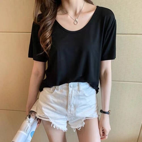 Minimalist U-neck high collar design sense short-sleeved T-shirt for women, summer large size loose and slimming stylish innerwear top