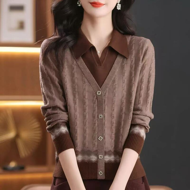 假两件毛衣女2025新款春秋洋气宽松外穿百搭打底衫翻领上衣针织衫|undefined