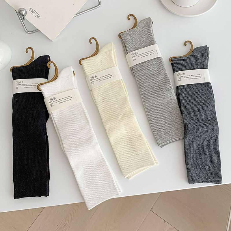 Double-Needle Women's Pure Cotton Seamless Calf Socks Jk Style Japanese Solid Color Slimming Knee-High Socks Spring and Autumn Thin Long Socks