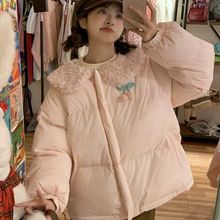 超可爱粉色娃娃领拼接樱桃加厚棉服女童中大童冬季保暖外套棉袄