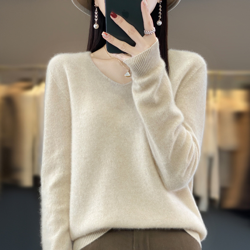 퍼스트 라인 의류 퓨어 울 스웨터 2024 가을과 겨울 여성의 V-NECK 루즈 짧은 솔리드 컬러 캐시미어베이스 스웨터 니트 스웨터