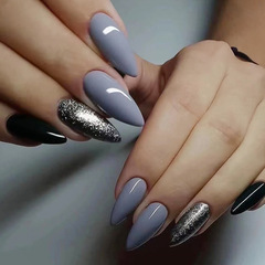 Dark-style glittering sequin nails trending—granny gray color-blocked wearable nails with a sweet yet edgy European/American Instagram-inspired vibe