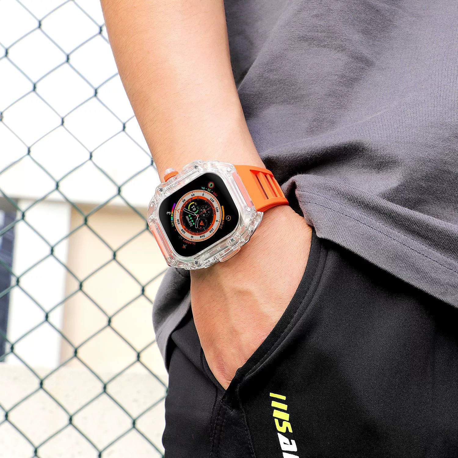 Подходит для Apple Watch 8 Ultra 49 мм с прозрачным корпусом и подставкой из фторированного каучука iWATH45 44