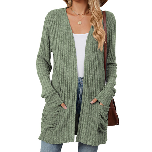 Amazon Europe and US Cross-Border Foreign Trade 2024 Autumn/Winter New Solid-Color Pocket Long-Sleeved Base Cardigan Knit Sweater in Stock