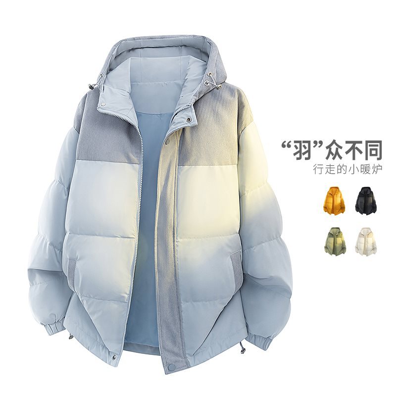 冬季新款羽绒服 50%灰鸭绒 灯芯绒拼接款连帽羽绒服男女情侣款 S-