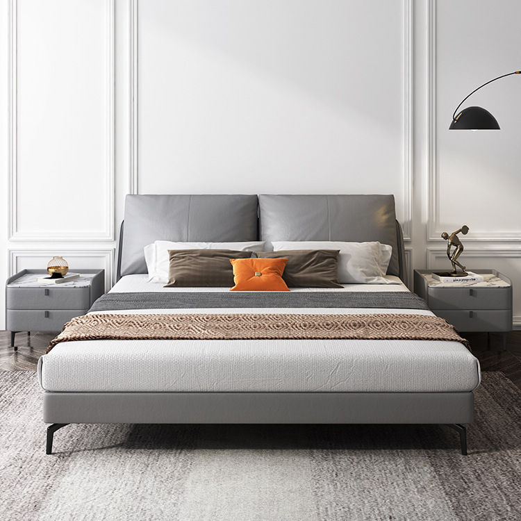 Cama de cuero genuino moderno simple dormitorio principal Cama grande italiano minimalista cama de boda doble de alta gama elegante luz de lujo cama suave cama de cuero