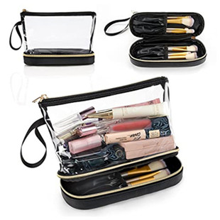 in stock Amazon Transparent PVC Cosmetic Bag Double Layer Design Waterproof Travel Cosmetic Bag Waterproof Partition Toiletry Bag