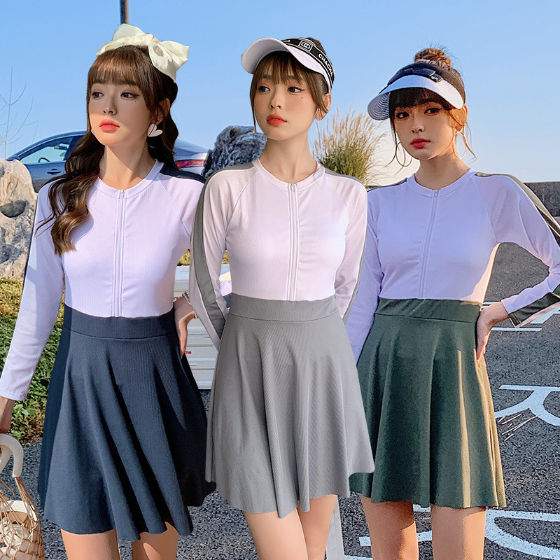 2022 new pattern the republic of korea Swimsuit conservative Conjoined Cover the belly Show thin Small chest Long sleeve student Sunscreen hot spring Swimsuit