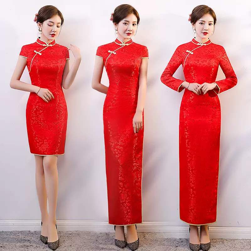 红旗袍敬酒服2022年新款新娘回门服中国风复古礼仪迎宾颁奖连衣裙