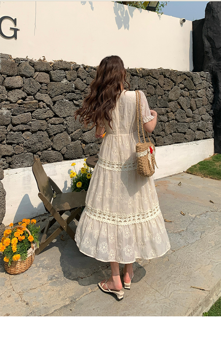 Đầm maxi nữ tay bồng ren hoa V cut-out phong cách Pháp cung đình — xanh lam, màu hồng, màu mơ chi tiết 20