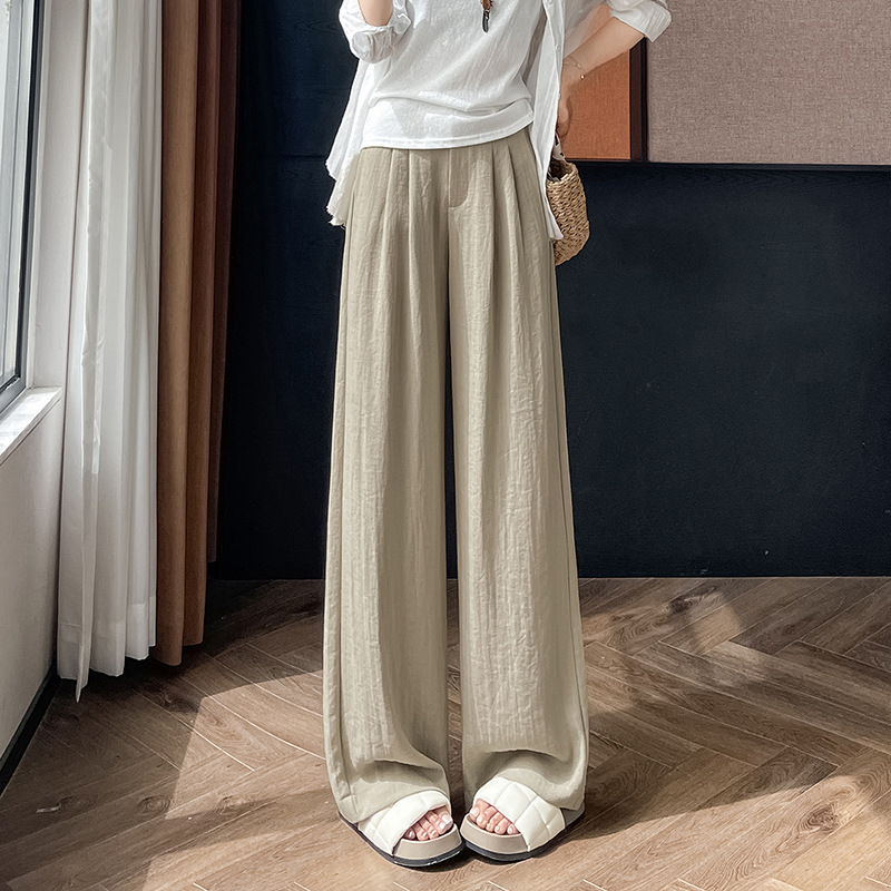 夏季新款高腰亚麻冰丝阔腿裤女2025高级感宽松直筒休闲垂感拖地裤|undefined