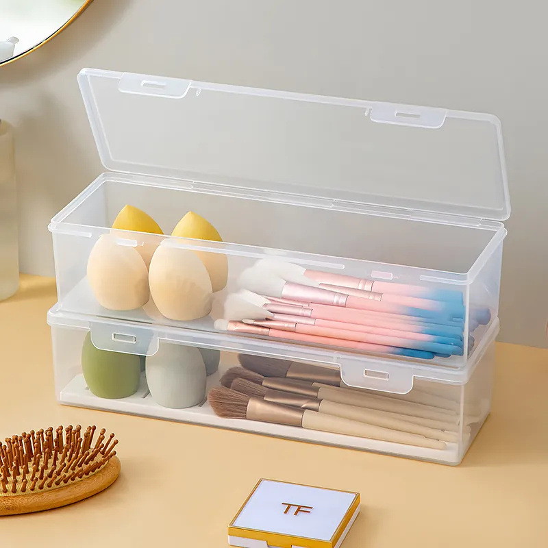 Makeup brush storage box dressing table desk rectangular transparent with lid dustproof beauty sponge eggs brushes large capacity