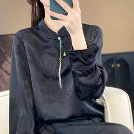 提花真丝中式衬衫女春季新款高级感小众醋酸缎面盘扣立领气质上衣