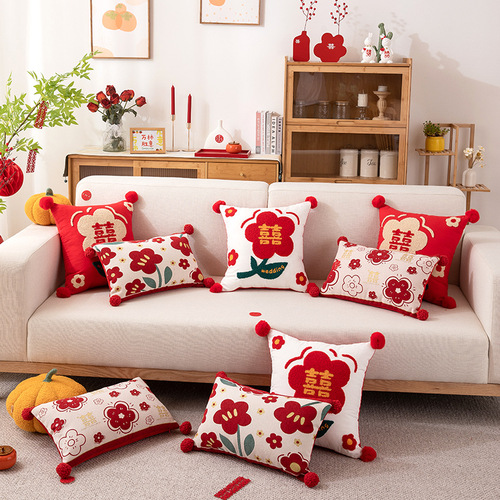 Wedding room decoration yarn-dyed jacquard green leaf flower pillow wedding bedside sofa cushion gold thread happy word waist pillow