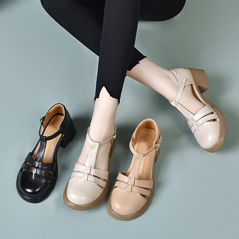 Sandal nữ da thật mũi kín đế dày gót thấp kiểu La Mã — Màu đen