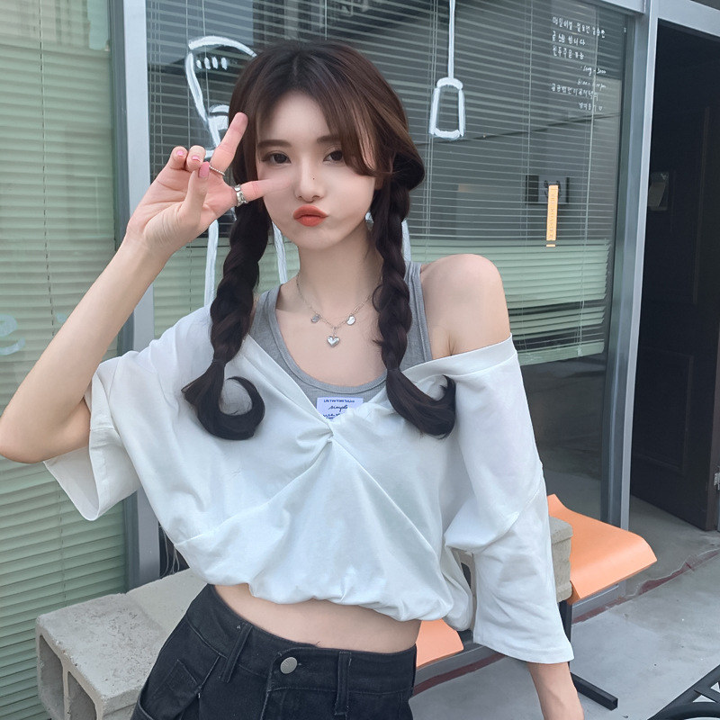 Women's T-shirt Off Shoulder Bubble Sleeve Colour Blocking Top_voghion.com