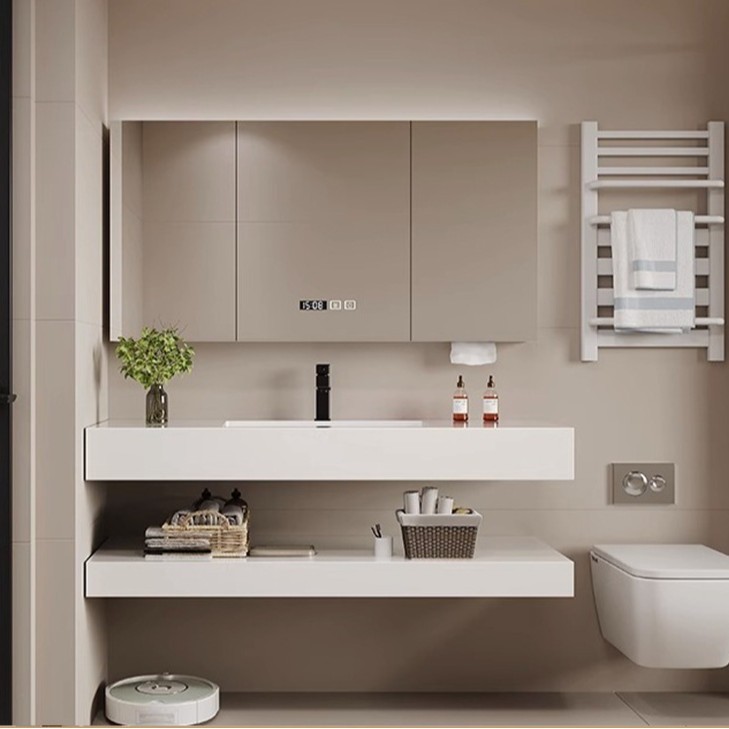 gabinete de baño de ingeniería de hotel de tabla de roca personalizado doble capa sin costura integral lavabo lavabo lavabo gabinete de baño inteligente combinación