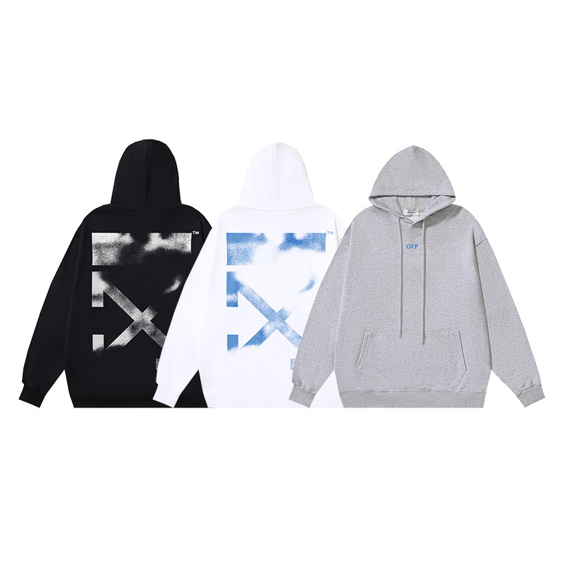 High-Quality Export White Pure Cotton Terry Fuzzy Arrow Print Casual Loose Hooded Sweatshirt High-Quality Export White Pure Cotton Terry Fuzzy Arrow Print Casual Loose Hooded Sweatshirt