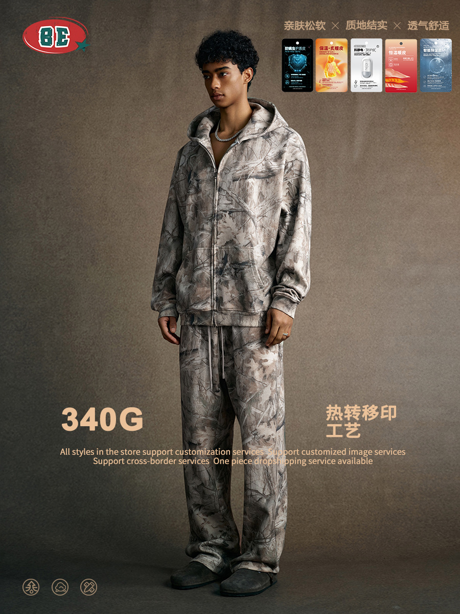 BE ropa de hombre de invierno 2025 marca de moda americana camuflaje con camisa encapuchada de terciopelo, chaqueta, pantalones cortos, set para hombre