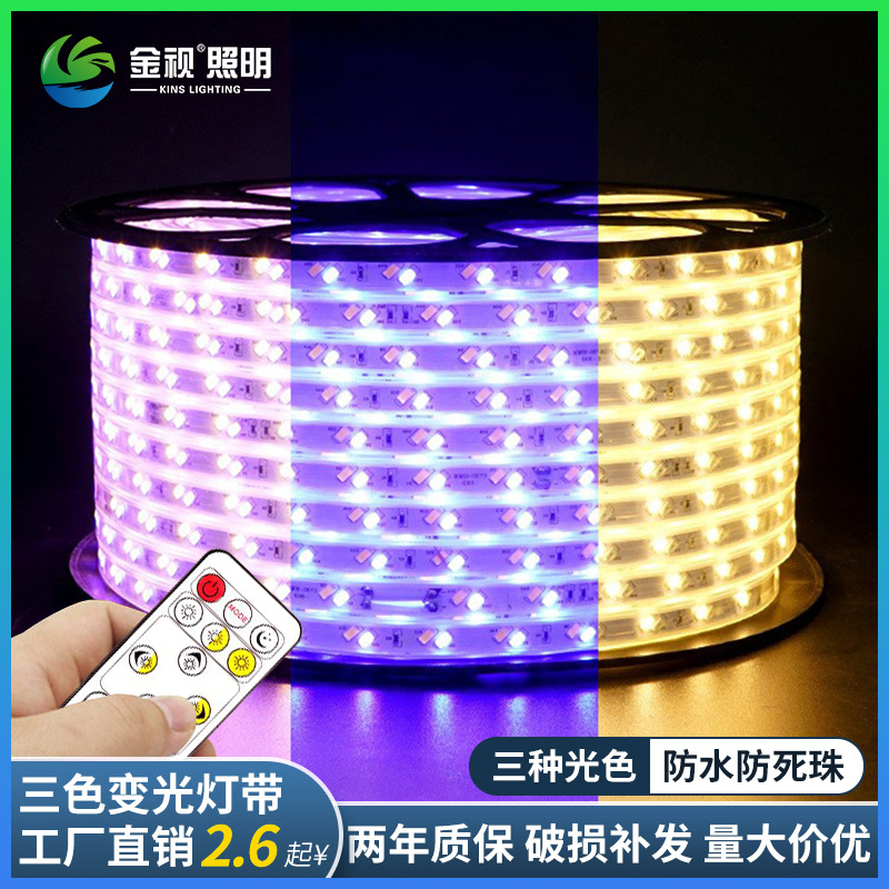 超亮LED三色变光灯带户外防水灯条家用客厅卧室吊顶变色光带220V