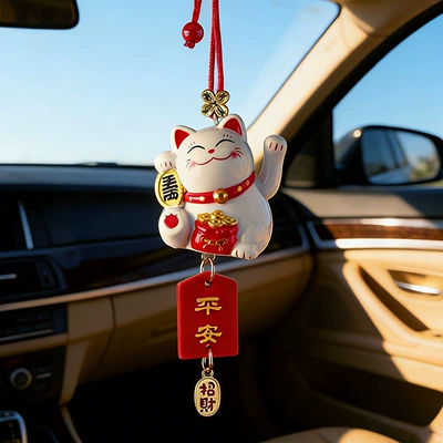 Car Solar-Powered Lucky Cat Ornament, Car hanging - lucky-cat-leather-peace-style