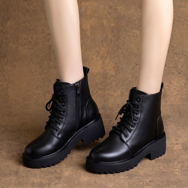 Echtes weiches Leder Martin 2024 Neue Herbst-/Wintermode Dicker Absatz Schnürstiefel für Kinder Vielseitige Stiefel Damenschuhe_voghion.com