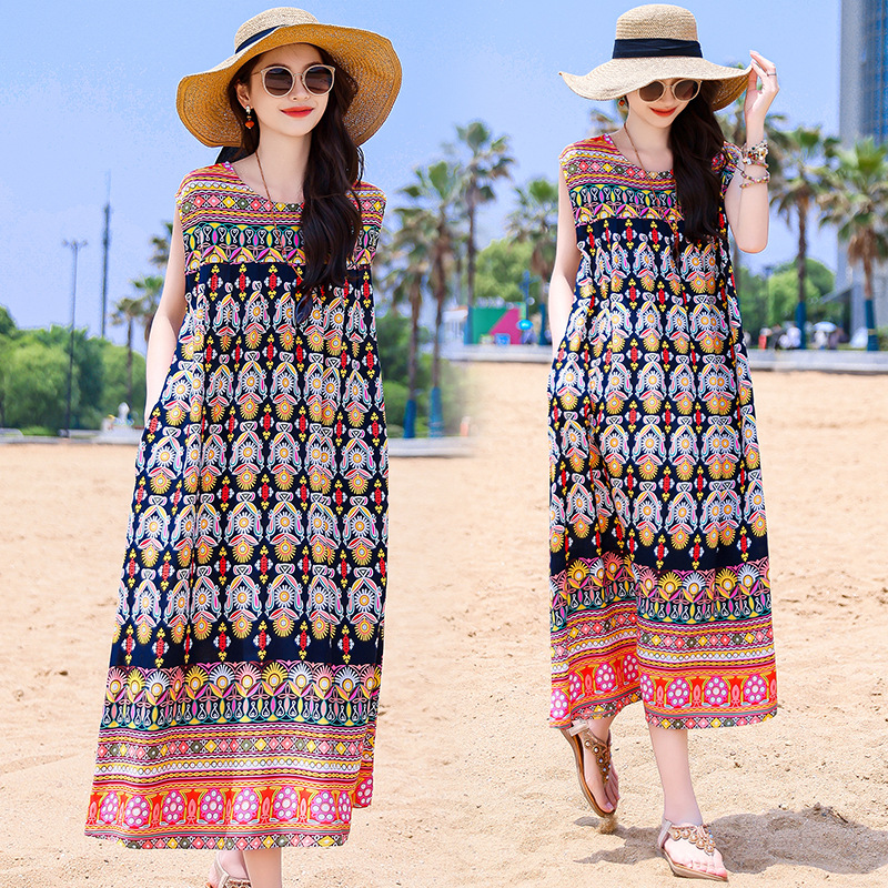2025 New Cross-Border Plus Size Bohemian Beach Long Cotton Floral Women's Summer Dress_ecoleips.com