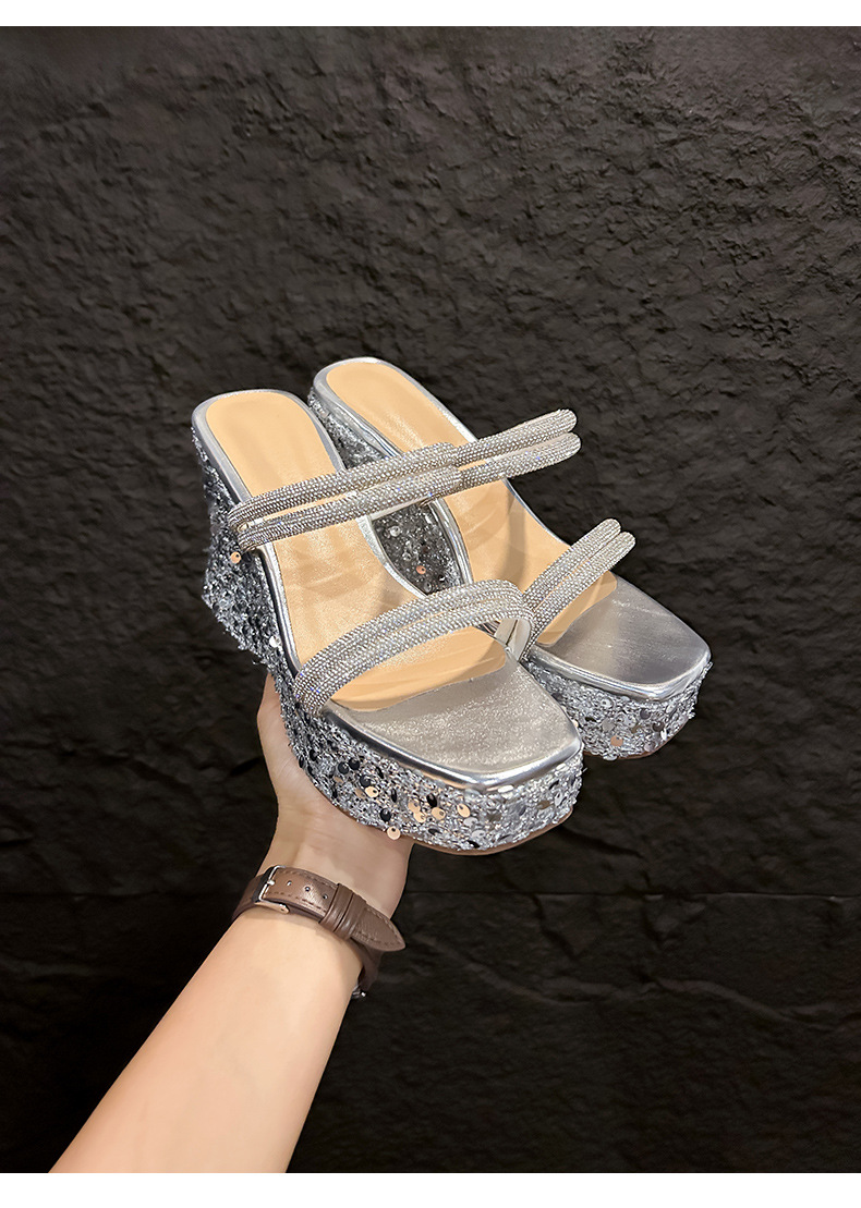 Sandal cao gót nữ mũi vuông hở ngón đính đá lấp lánh phong cách Pháp — màu đen, bạc chi tiết 19