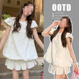 孕妇装网红款两件套夏季蝴蝶结设计感短袖韩版遮肚半身裙套装减龄