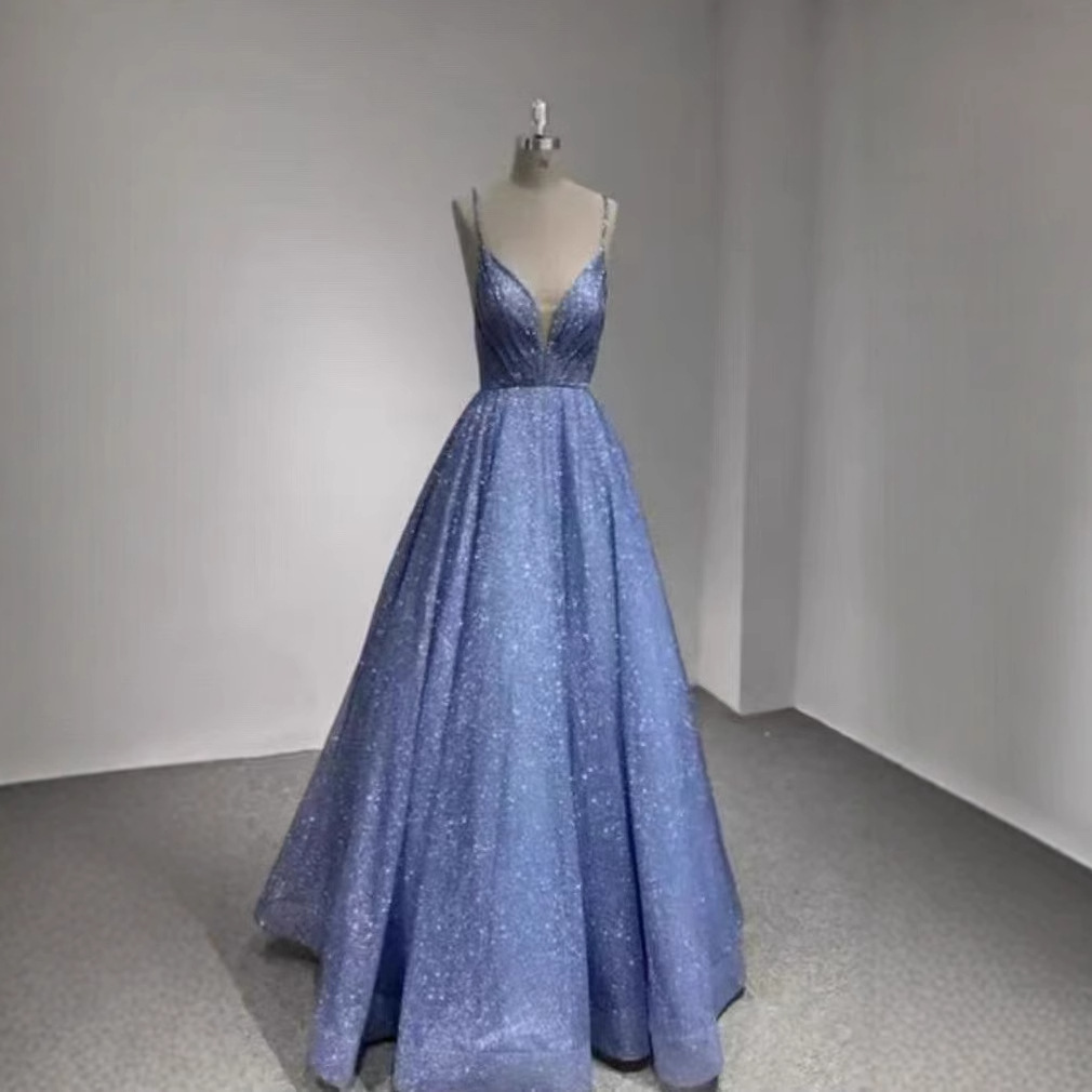 Blue Sequined Evening Dress for Women, Accessible Luxury Niche, Classy Birthday Party, Sexy Suspender Dress, Classy