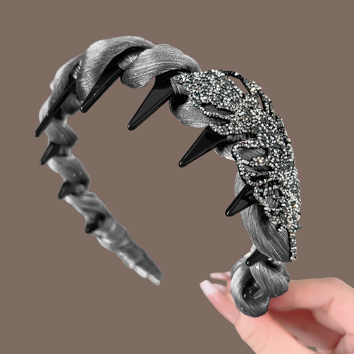 Gray chiffon feather trim with rhinestone accents