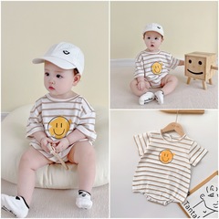 ins韓版嬰幼兒包屁衣夏季男女寶寶條紋哈衣竹節清涼爬服連身衣潮