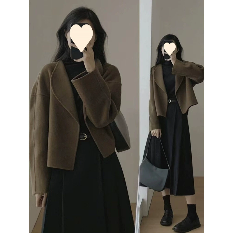 Короткое демисезонное Woolen пальто, куртка, двусторонний кашемировый костюм, увеличенная толщина, для подростков