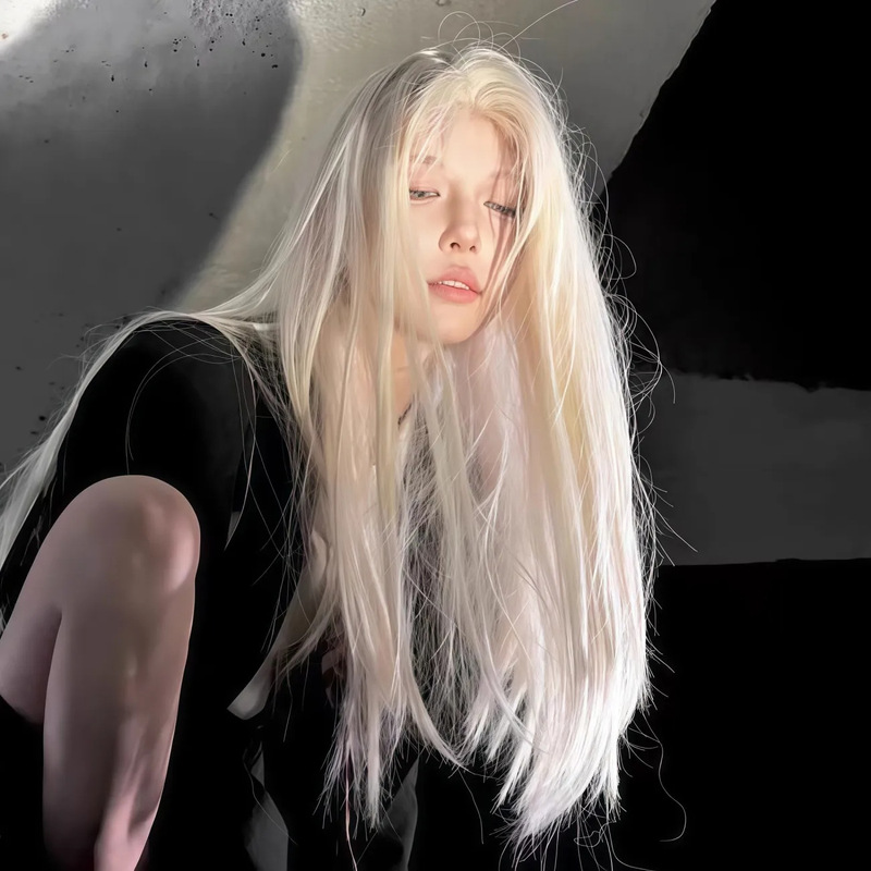 Platinum Hand-Hooked Forehead Lace Wig with Middle Parting, Versatile Golden Long Straight Hair, Blonde Full Headgear for Female Y2K Girl Group