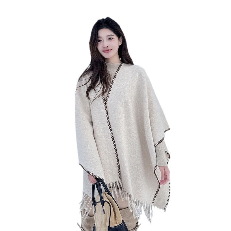 Capa para mujer de otoño/invierno, color sólido, bufanda cálida integrada, capa gruesa de viaje