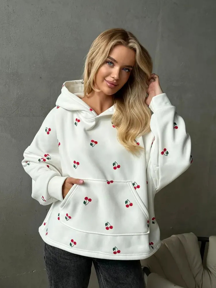 Vintage-Inspired Plus Size Blouse – Flowy Oversized Shirt With Sweet Cherry & Butterfly Print, Comfortable Polyester Top For Women_ecoleips.com