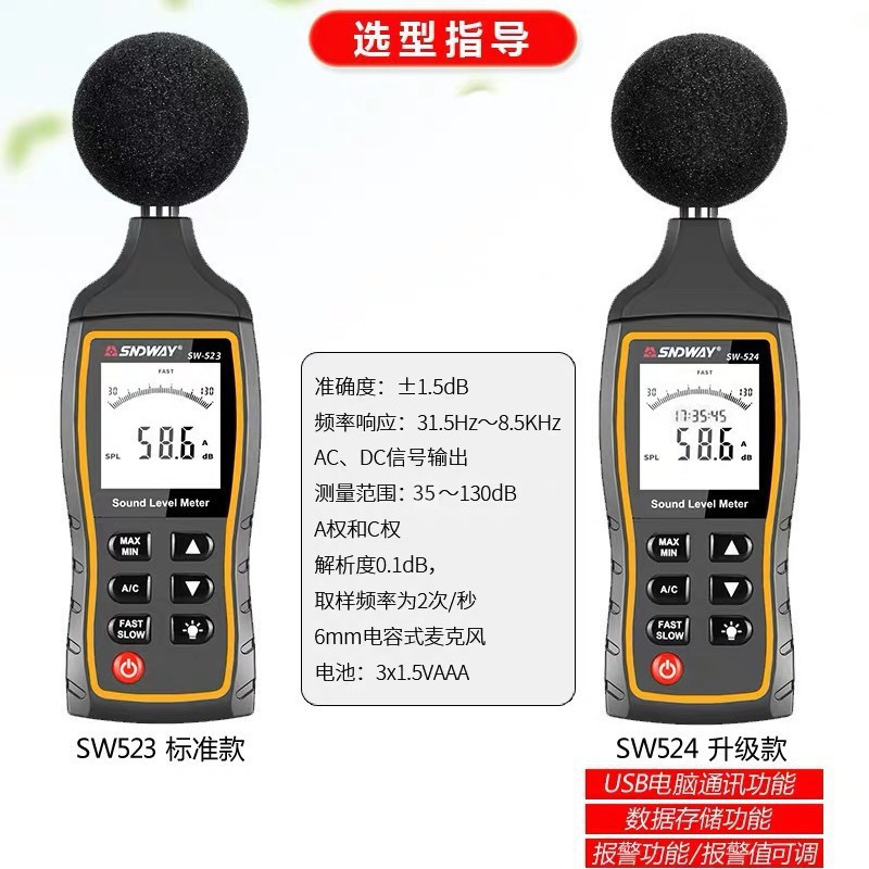 SNDWAY/深达威噪音计SW524 高精度分贝仪 数字声级计噪声测试仪