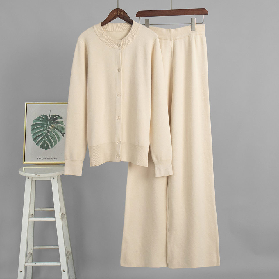 Bộ len dệt kim nữ áo cardigan tay dài quần dài màu trơn — Màu nâu, màu xám, mơ chi tiết 3