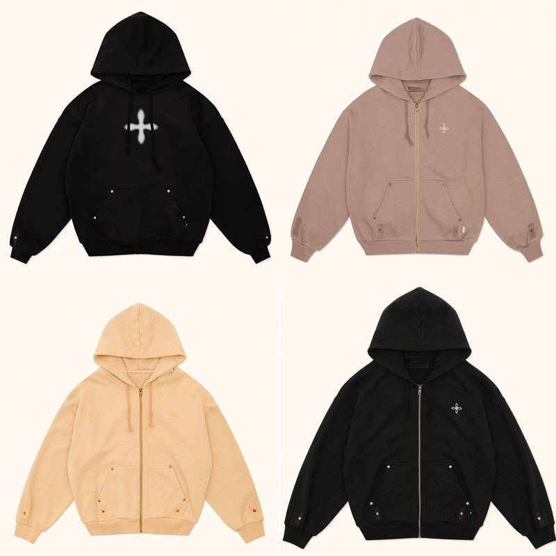 Smfk Cross Pattern Classic Zipper Hoodie with Metal Studs, Lazy Style Loose Casual Hooded Sweatshirt Cardigan Jacket