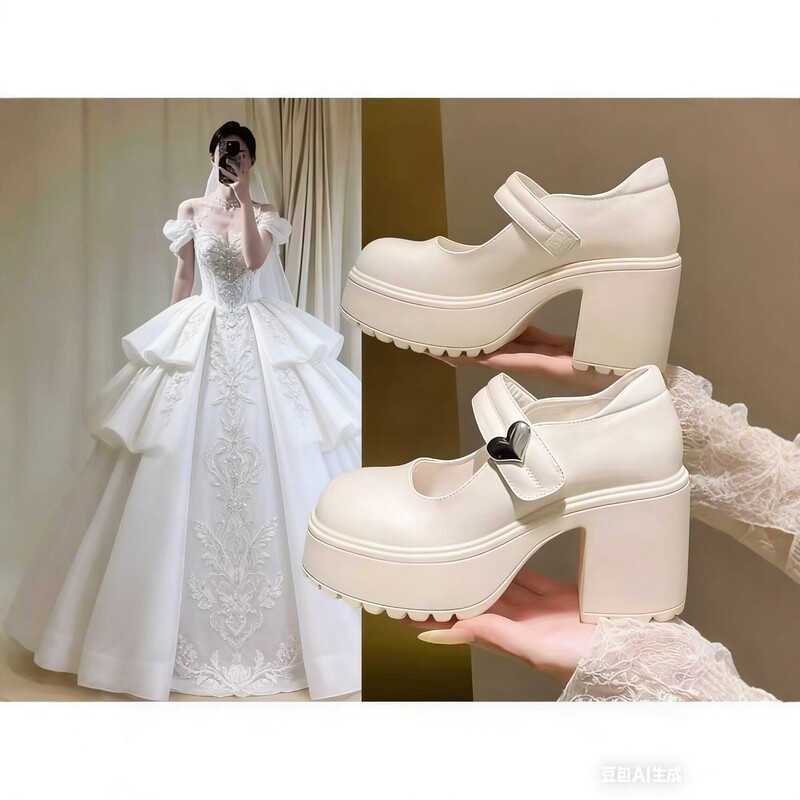 Mary Jane Wedding Shoes for Women, Thick Heel, 12cm Height Increase, Bride Shoes, 2025 New Model, White Square Toe, Comfortable Single Shoes Mary Jane Wedding Shoes for Women, Thick Heel, 12cm Height Increase, Bride Shoes, 2025 New Model, White Square Toe, Comfortable Single Shoes