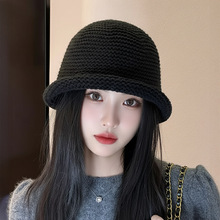 出口韩国羊毛针织卷边水桶帽子女秋冬复古咖色渔夫帽大头围盆帽潮