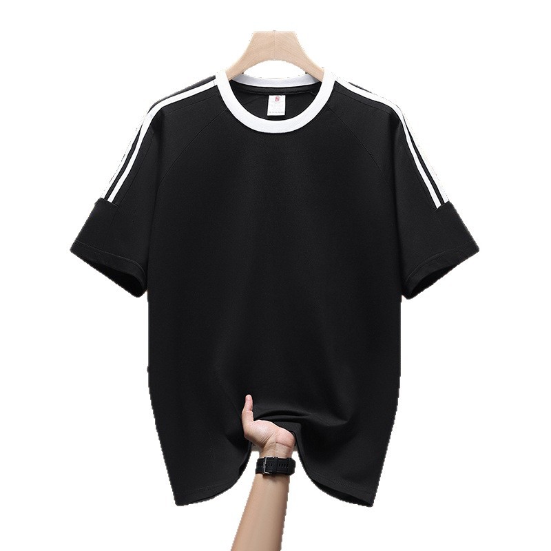 Algodón transfronterizo americano de tres barras de manga corta camiseta deportiva de moda masculina suelta y atractiva chaqueta de comercio exterior